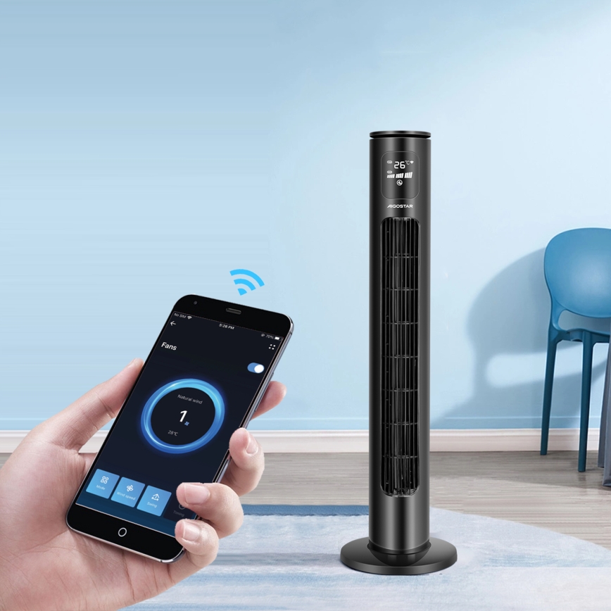 Aigostar - Wentylator wieżowy 50W/230V czarny Wi-Fi + pilot zdalnego sterowania