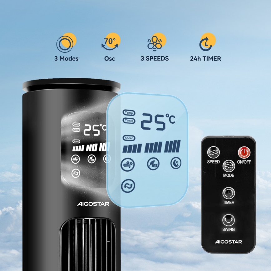 Aigostar - Wentylator wieżowy 50W/230V czarny Wi-Fi + pilot zdalnego sterowania