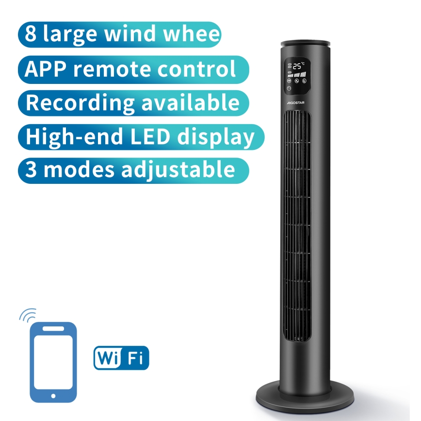Aigostar - Wentylator wieżowy 50W/230V czarny Wi-Fi + pilot zdalnego sterowania