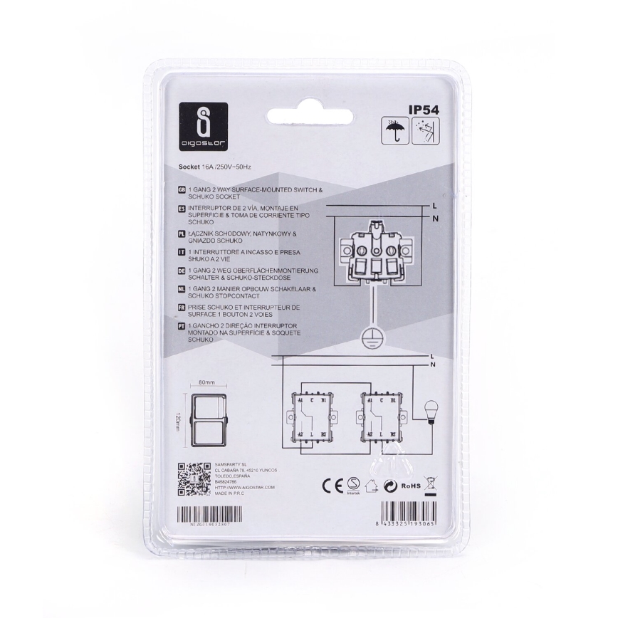 Aigostar - Włącznik zewnętrzny 1P z gniazdkiem 1x16A/250V IP54 SCHUKO