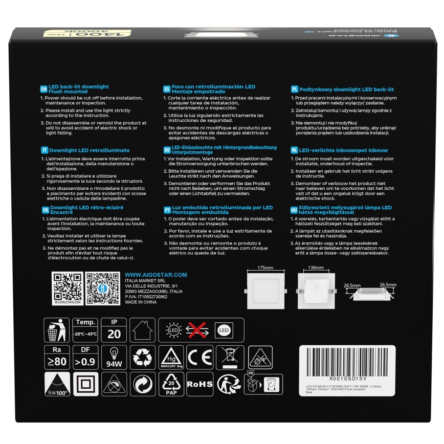 Aigostar - wpuszczana oprawa sufitowa LED/12W/230V 4000K 17,5x17,5 cm biała