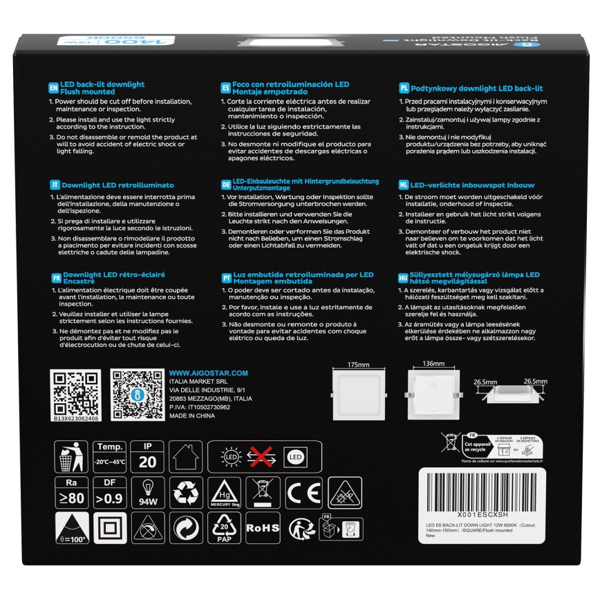 Aigostar - Wpuszczana oprawa sufitowa LED 12W/230V 6500K 17,5x17,5 cm biała