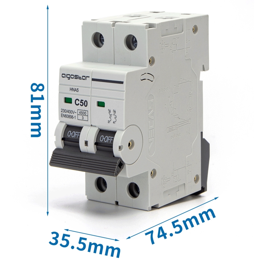 Aigostar - Wyłącznik nadprądowy 2-biegunowy 2P-50A-C 230-400V