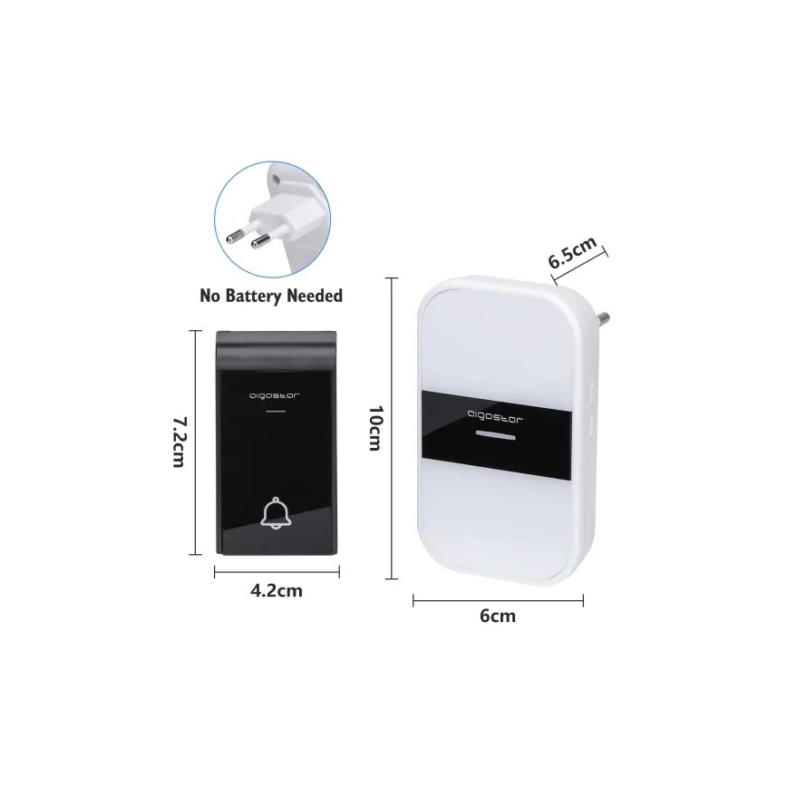 Aigostar - ZESTAW 2x Dzwonek bezprzewodowy do kontaktu 230V/12V IP44 biały/czarny