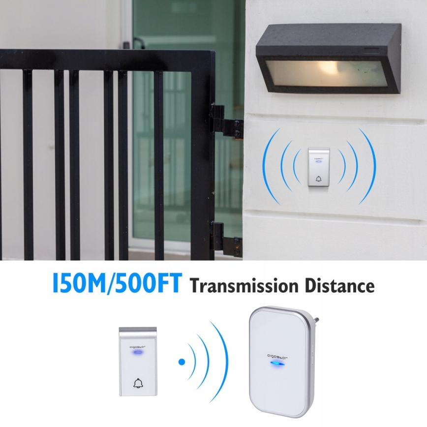 Aigostar - ZESTAW 2x Dzwonek bezprzewodowy do kontaktu 230V/12V IP44 biały