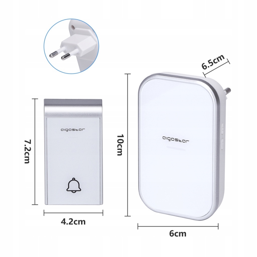 Aigostar - ZESTAW 2x Dzwonek bezprzewodowy do kontaktu 230V/12V IP44 biały