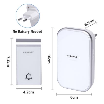 Aigostar - ZESTAW 2x Dzwonek bezprzewodowy do kontaktu 230V/12V IP44 biały