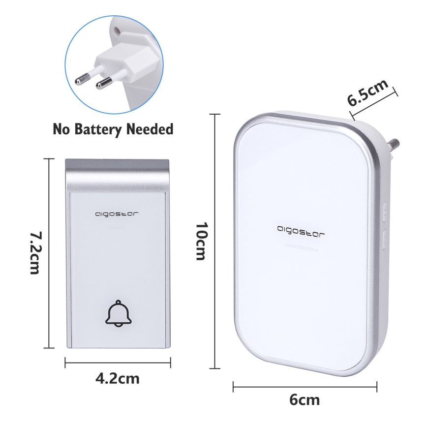 Aigostar - ZESTAW 2x Dzwonek bezprzewodowy do kontaktu 230V/12V IP44 biały