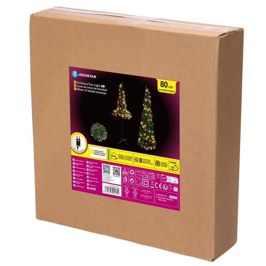 Aigostar - Zewnętrzna choinka świąteczna LED, 80 diod LED, 1,2 m, IP44, zielona, ciepła biała