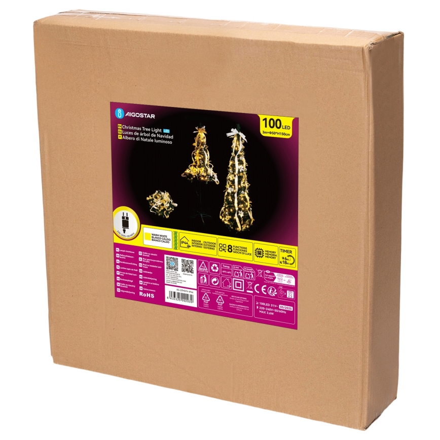Aigostar - LED zewnętrzne drzewko świąteczne 100 LED, 1,5 m, IP44, biało-złote, ciepła biel