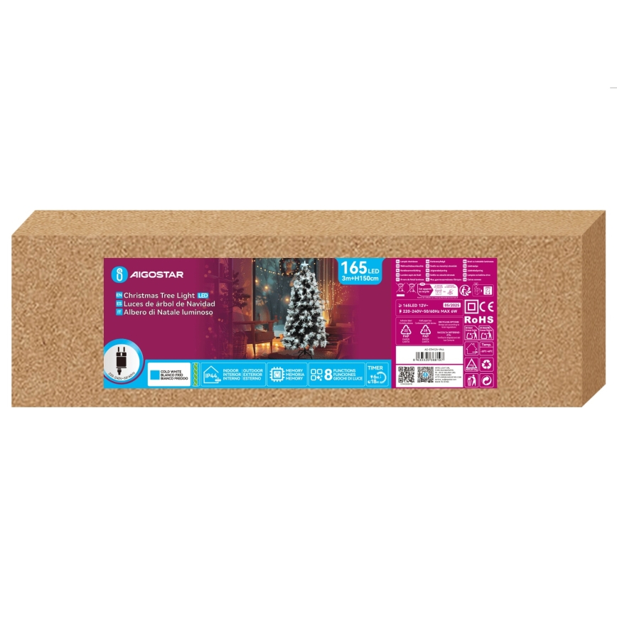 Aigostar - LED Zewnętrzna choinka świąteczna 165xLED/8 funkcji 1,5 m IP44 zimna biel