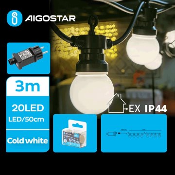 Aigostar - zewnętrzna girlanda dekoracyjna LED 20xLED/3m IP44, zimne białe światło