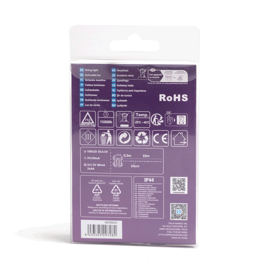 Aigostar - Zewnętrzny łańcuch świetlny 100xLED/8 funkcji/3xAA10,3m IP44 wielokolorowy