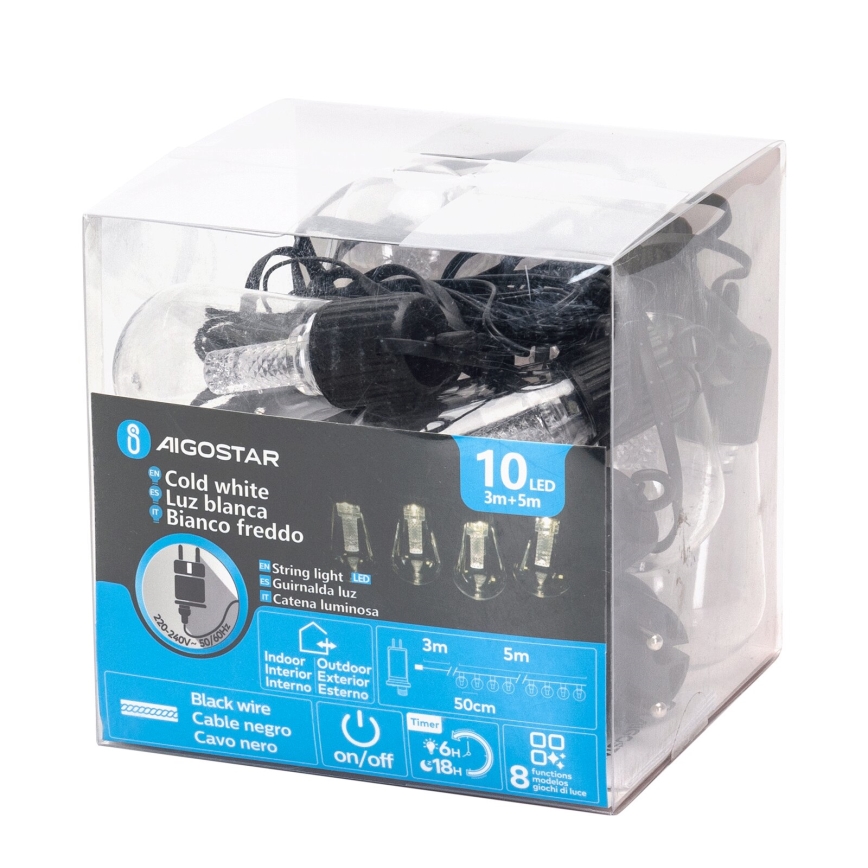 Aigostar - zewnętrzna girlanda LED 10xLED/8m IP44 zimna biel