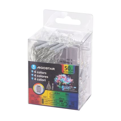 Aigostar - Zewnętrzna girlanda LED, 50 diod, 8 trybów świetlnych, zasilanie 3xAA, długość 5,3 m, IP44, wielokolorowa