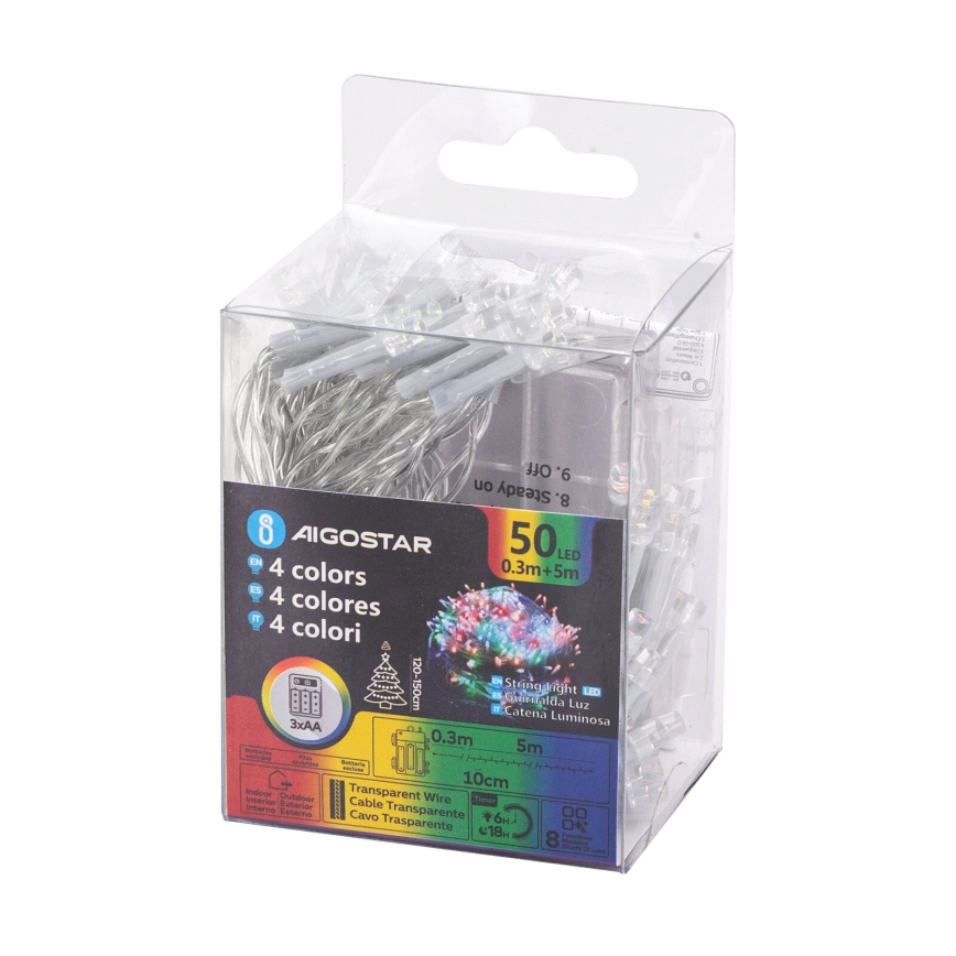 Aigostar - Zewnętrzna girlanda LED, 50 diod, 8 trybów świetlnych, zasilanie 3xAA, długość 5,3 m, IP44, wielokolorowa