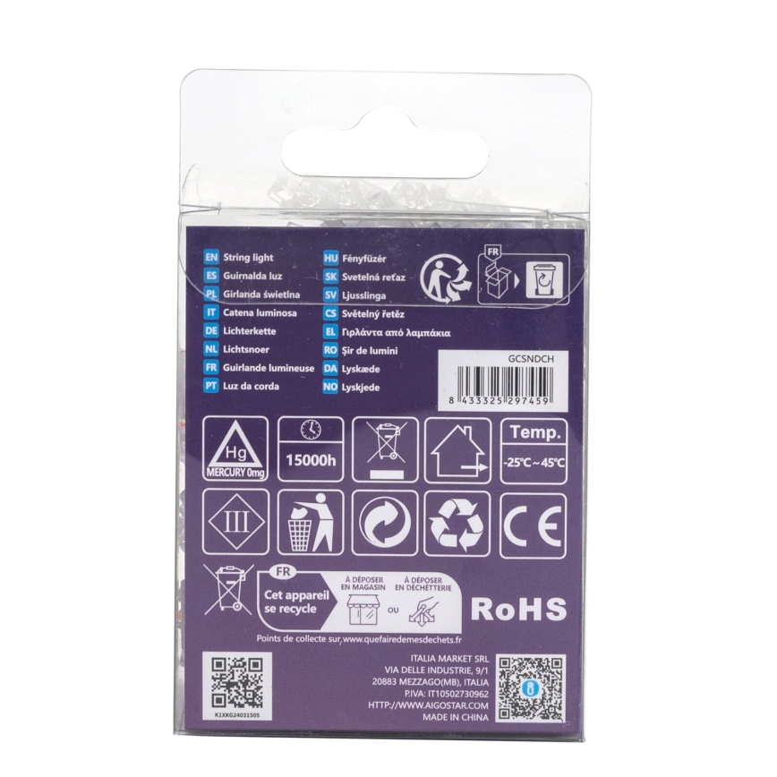 Aigostar - Zewnętrzna girlanda LED, 50 diod, 8 trybów świetlnych, zasilanie 3xAA, długość 5,3 m, IP44, wielokolorowa