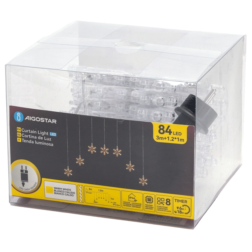 Aigostar - Zewnętrzny łańcuch LED 84 diod / 8 trybów, 1,2 × 1 m, IP44, ciepłe białe światło, płatki śniegu