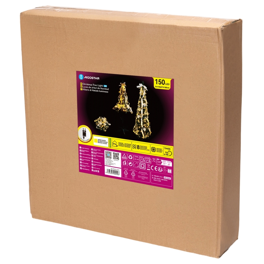 Aigostar - Zewnętrzna choinka świąteczna LED, 150 diod, 1,8 m, IP44, biało-złota, ciepłe białe światło