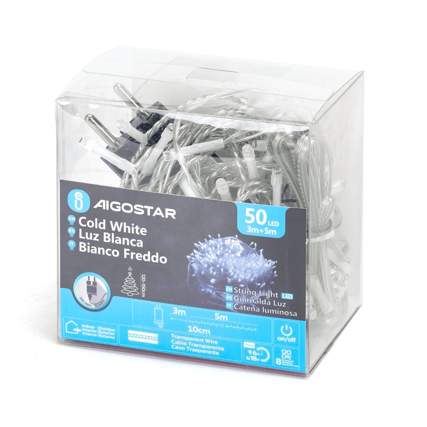 Aigostar - zewnętrzne lampki świąteczne 50 diod LED/8 trybów 8m IP44 zimna biała