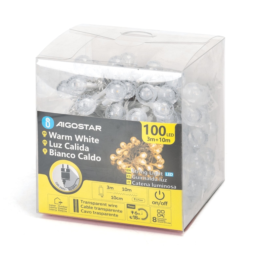Aigostar - Zewnętrzne lampki świąteczne LED, 100 diod/8 trybów, 13 m, IP44, ciepła biel