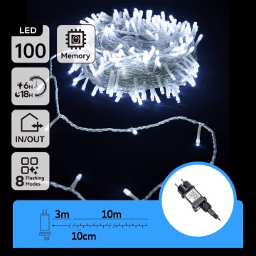 Aigostar - Zewnętrzne lampki świąteczne LED, 100 diod, 8 trybów, 13 m, IP44, zimne białe światło