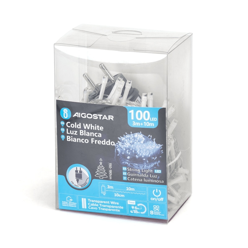 Aigostar - Zewnętrzne lampki świąteczne LED, 100 diod, 8 trybów, 13 m, IP44, zimne białe światło