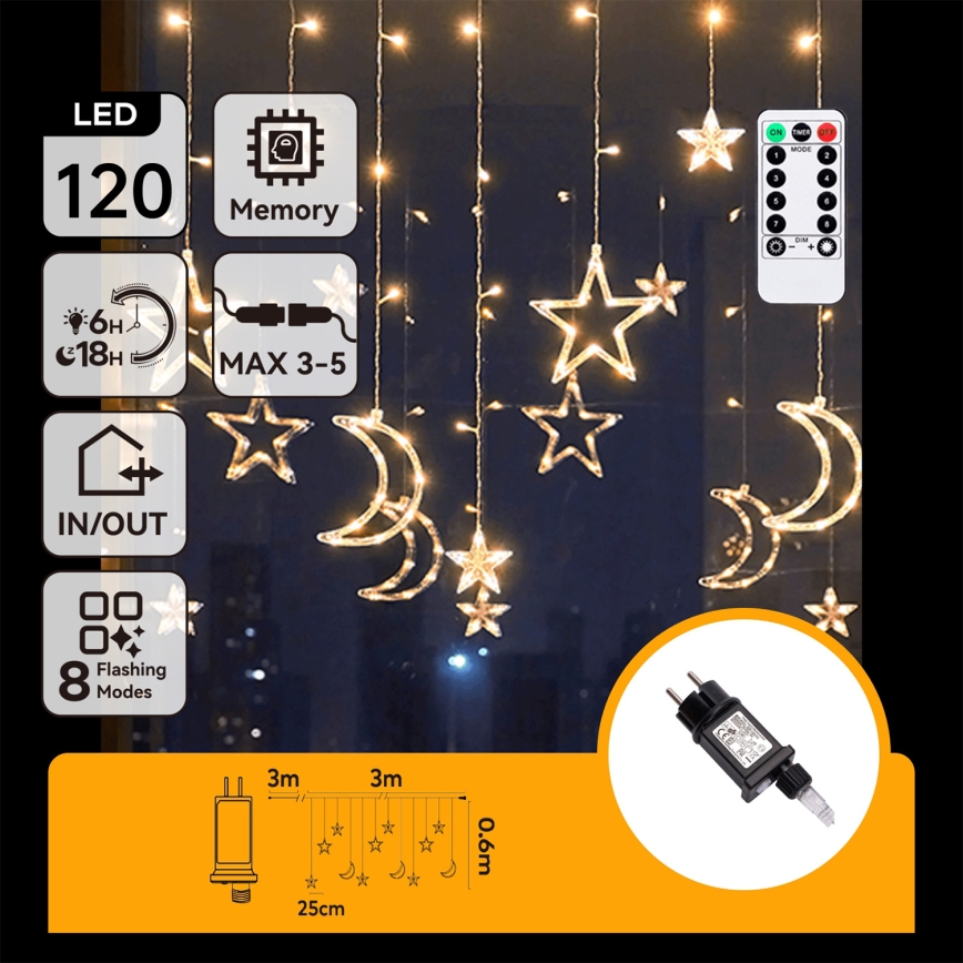Aigostar - Zewnętrzne lampki świąteczne LED 120xLED/6W/230V/8 funkcji 3x0,6m IP44 ciepła biała + pilot zdalnego sterowania