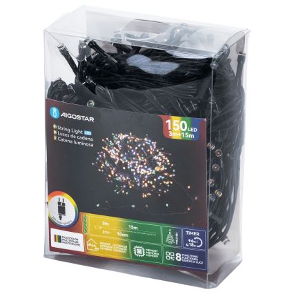Aigostar - Zewnętrzne lampki świąteczne LED, 150 diod, 8 funkcji, 18 m, IP44, wielokolorowe