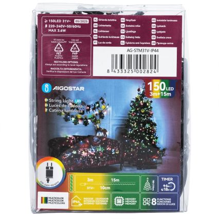 Aigostar - Zewnętrzne lampki świąteczne LED, 150 diod, 8 funkcji, 18 m, IP44, wielokolorowe