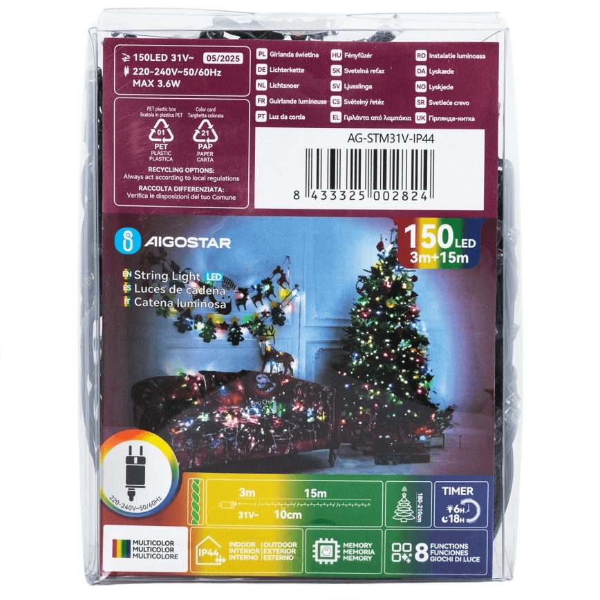 Aigostar - Zewnętrzne lampki świąteczne LED, 150 diod, 8 funkcji, 18 m, IP44, wielokolorowe