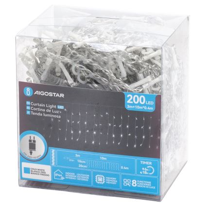 Aigostar - Zewnętrzny łańcuch świetlny LED 200xLED/3,6W/230V/8 funkcji 10x0,4m IP44 zimna biel