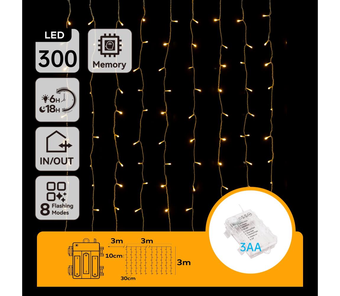 - Zewnętrzne lampki świąteczne LED 300 diod/8 trybów 3xAA 6x3m IP44 ciepła biała