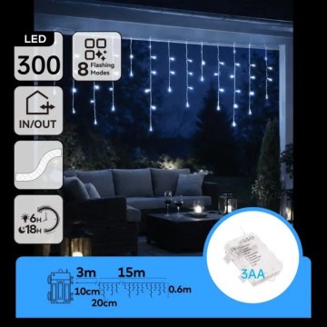 Aigostar - zewnętrzne lampki świąteczne LED 300xLED/8 funkcji 3xAA 18x0,6 m IP44 zimne białe światło