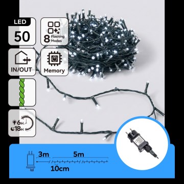 Aigostar - Zewnętrzne lampki świąteczne LED, 50 diod, 8 trybów, 8 m, IP44, zimna biel