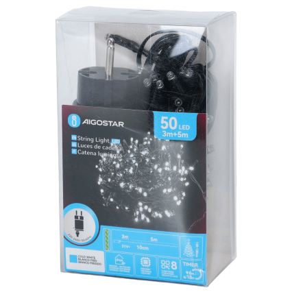 Aigostar - Zewnętrzne lampki świąteczne LED, 50 diod, 8 trybów, 8 m, IP44, zimna biel