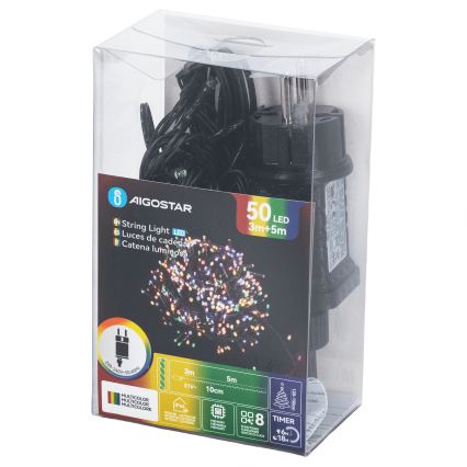 Aigostar - Zewnętrzne lampki świąteczne LED, 50 diod LED/8 trybów, 8 m, IP44, wielokolorowe