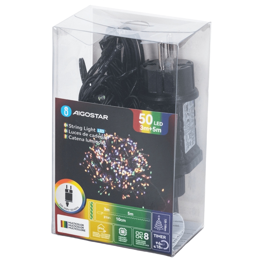Aigostar - Zewnętrzne lampki świąteczne LED, 50 diod LED/8 trybów, 8 m, IP44, wielokolorowe