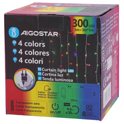 Aigostar - LED RGBY Zewnętrzny łańcuch 300xLED/8 funkcji 3x1m IP44 + pilot