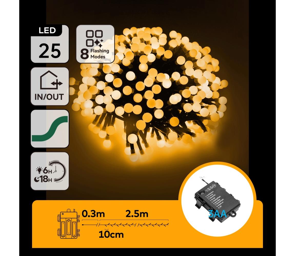 - Zewnętrzny łańcuch świąteczny LED, 25 diod/8 funkcji, zasilanie 3xAA, 2,8 m, IP44, ciepłe białe światło