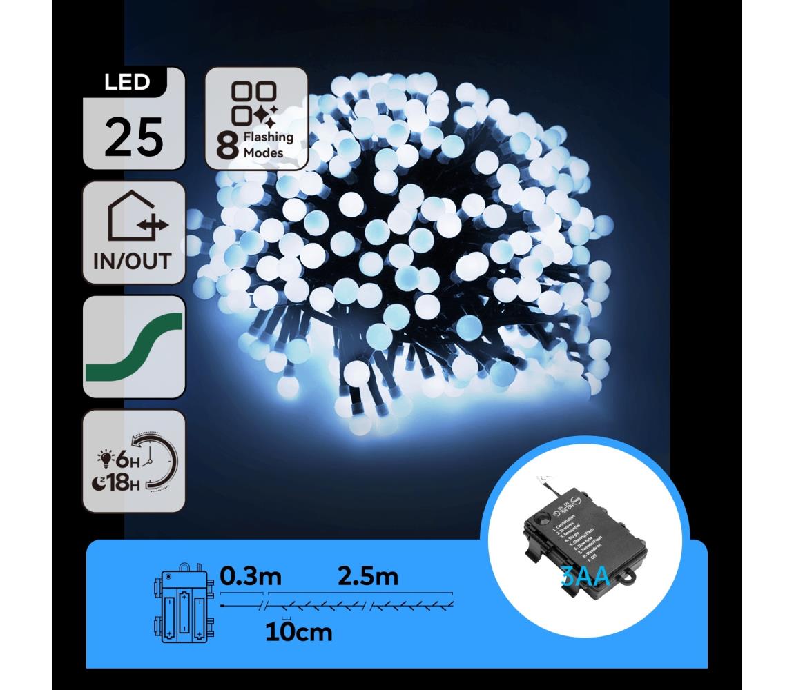 - Zewnętrzny łańcuch świąteczny LED 25xLED/8 funkcji 3xAA 2,8m IP44 zimne białe światło