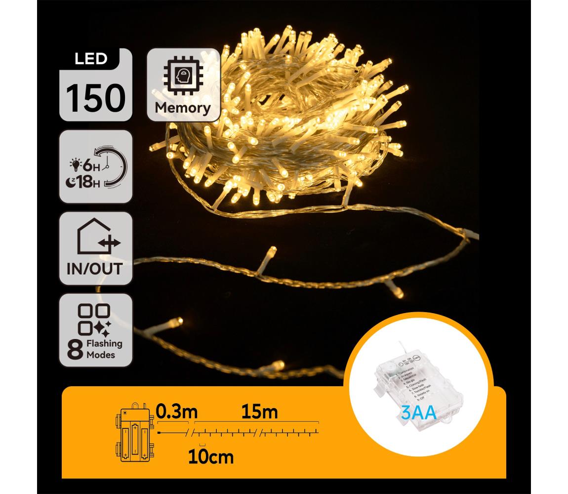 - Zewnętrzny łańcuch świetlny LED 150xLED/8 funkcji 3xAA 15,3m IP44 ciepła biała