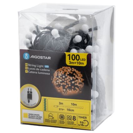 Aigostar - Zewnętrzny dekoracyjny łańcuch LED 100xLED/8 trybów 10 m IP44 ciepła biel