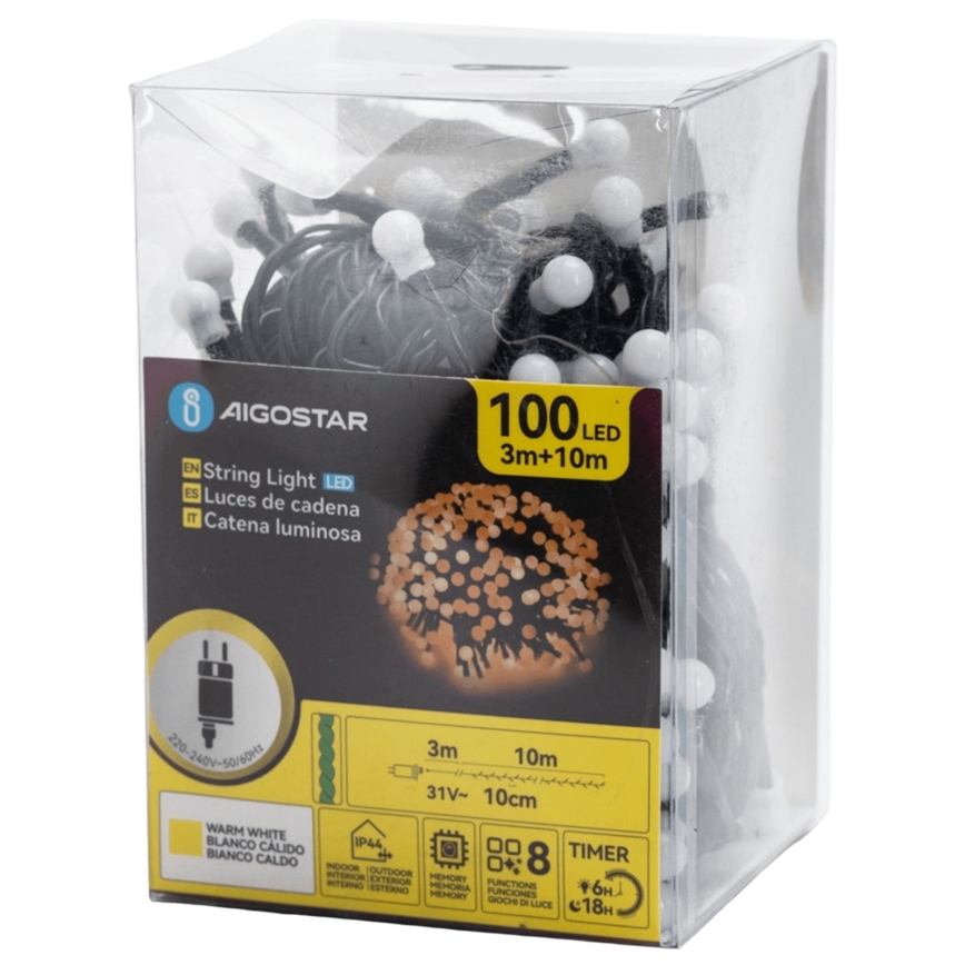 Aigostar - Zewnętrzny dekoracyjny łańcuch LED 100xLED/8 trybów 10 m IP44 ciepła biel