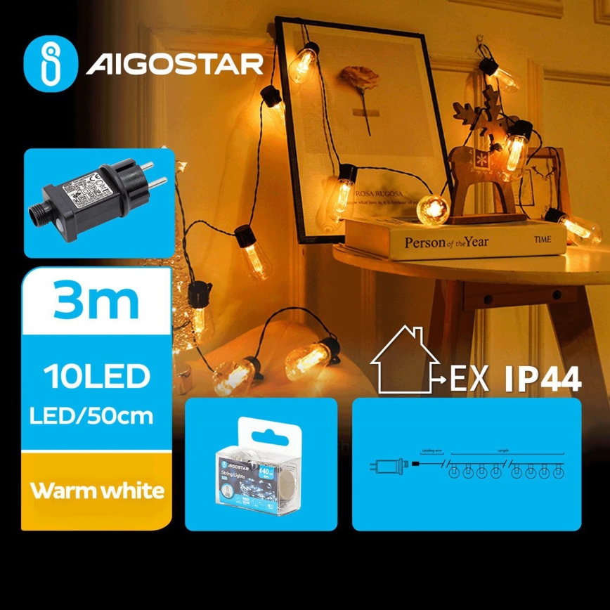 Aigostar - Zewnętrzny łańcuch dekoracyjny LED 10xLED/3m IP44 ciepła biel