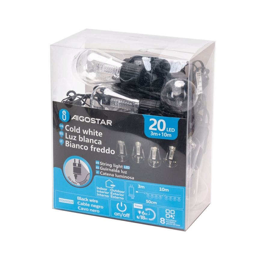Aigostar - Zewnętrzny łańcuch dekoracyjny LED 20xLED/13m IP44 zimna biel