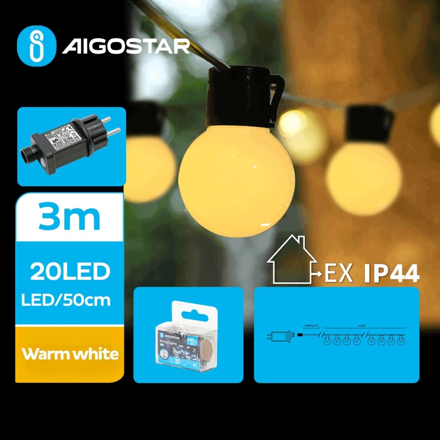 Aigostar - Zewnętrzny łańcuch dekoracyjny LED 20xLED/3m IP44 ciepła biel