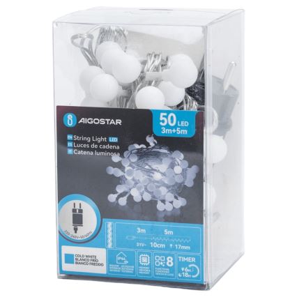 Aigostar - Zewnętrzna dekoracyjna girlanda LED 50 diod, 8 funkcji, 5 m, IP44, zimna biel