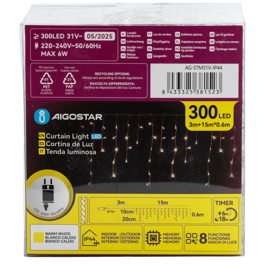 Aigostar - Zewnętrzny łańcuch dekoracyjny LED 75xLED/6W/230V 15x0,6m IP44 ciepła biel