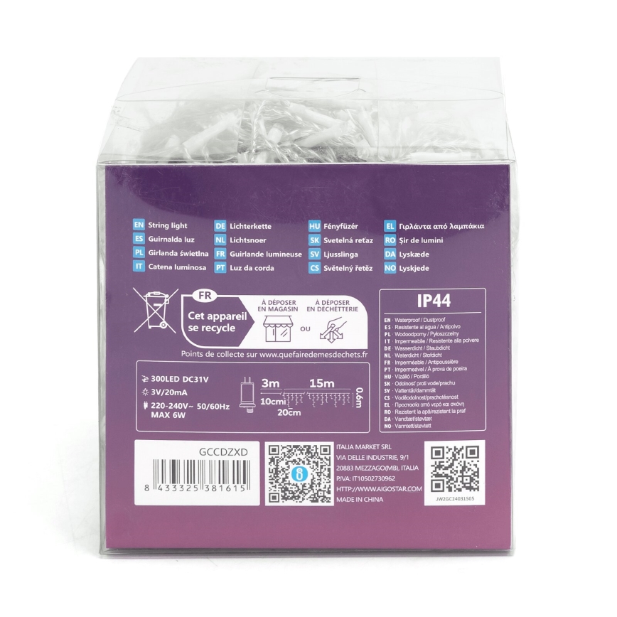 Aigostar - Zewnętrzny łańcuch dekoracyjny LED 75xLED/6W/230V 15x0,6m IP44 zimna biel